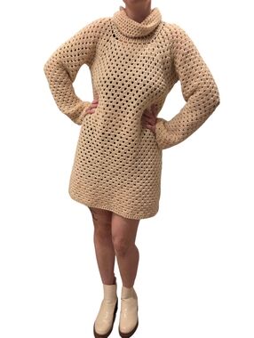 Vintage Handmade Crochet Sweater Dress Chunky Knit Cream Turtleneck Boho Cottage